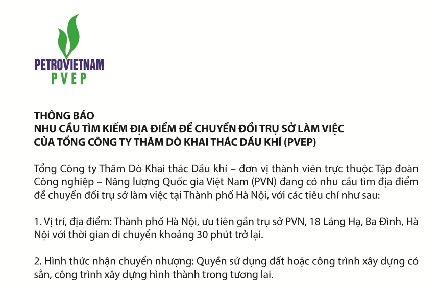 THÔNG BÁO: Nhu cầu tìm địa điểm để chuyển đổi trụ sở làm việc